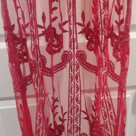 Red Lace V-Neck Women's Dress - Picture 9 of 14